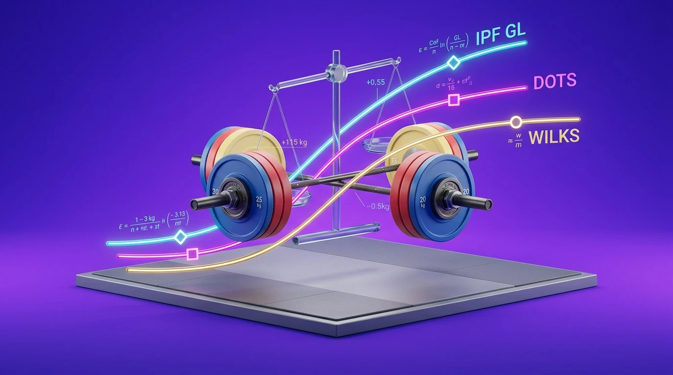 Wilks vs DOTS vs IPF GL strength coefficient formulas illustration